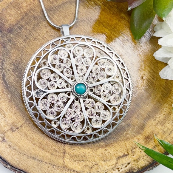 Vintage Israel Brooch Pendant 935 Sterling Silver Turquoise Flower Filigree - Picture 11 of 13